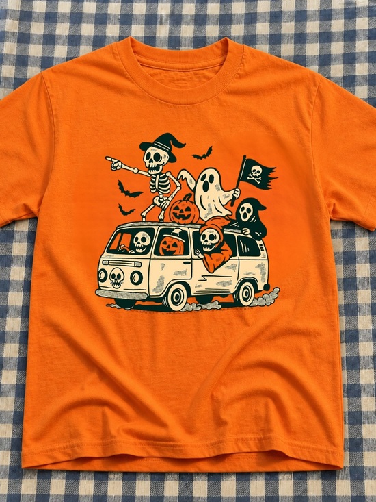 Gildan Other - Halloween Skeleton Van Graphic Tee - Orange Vintage